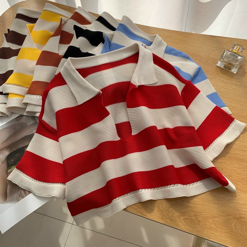 Áo croptop kẻ sọc form rộng nữ chất len mongtogi cổ bẻ hàng Quảng Châu 100% nhiều màu lựa chọn [ảnh shop chụp ở cuối]
