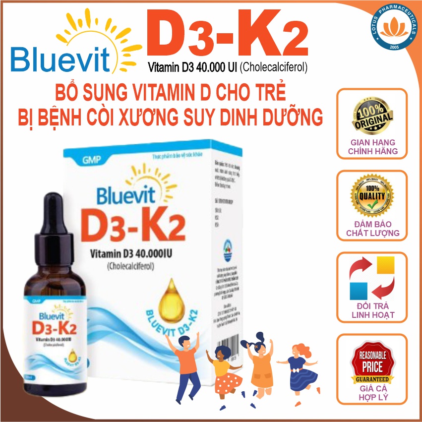 Bluevit vitamin D3 K2 - thực phẩm bổ sung vitamin d3 k2 cho trẻ sơ sinh, trẻ còi xương suy dinh dưỡng | Lotuspharma