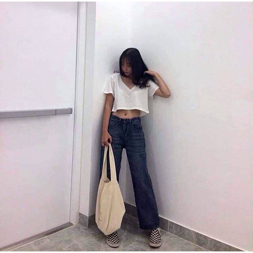 Áo thun cộc tay nữ cổ tim thun giấy mỏng mát co giãn basic trắng đen freesize phom rộng dáng suông C909