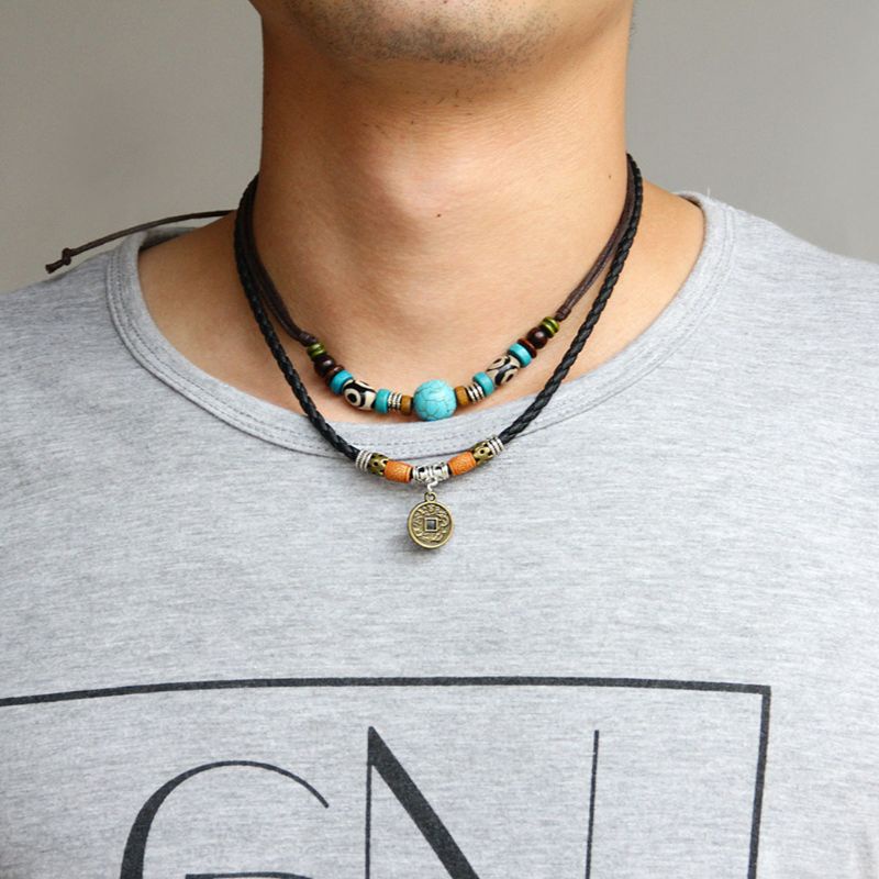 Vòng cổ choker bằng da đính hạt ngọc lam phong cách cổ điển