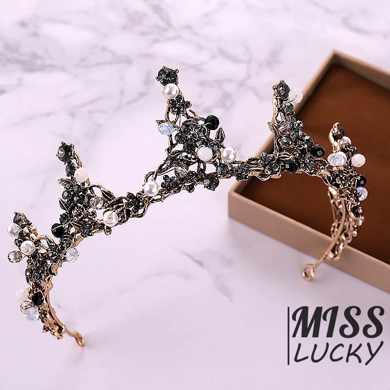 Vương miện công chúa đính pha lê đen kiểu Baroque cho nữ