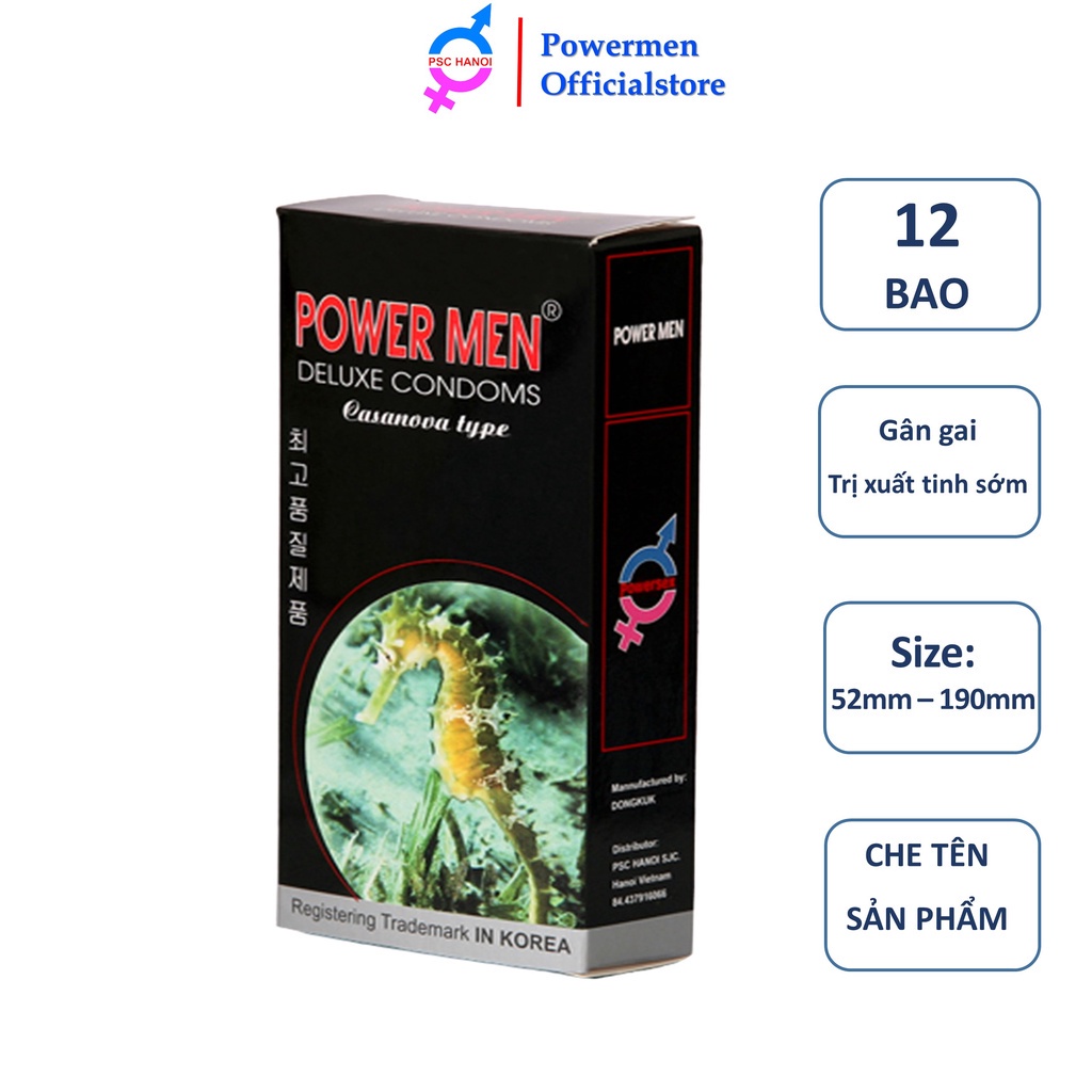 Bao cao su POWER MEN siêu mỏng chứa 5% Benzocain kéo dài thời gian POWER MEN LONGSHOCK cá ngựa đen hộp 12 chiếc