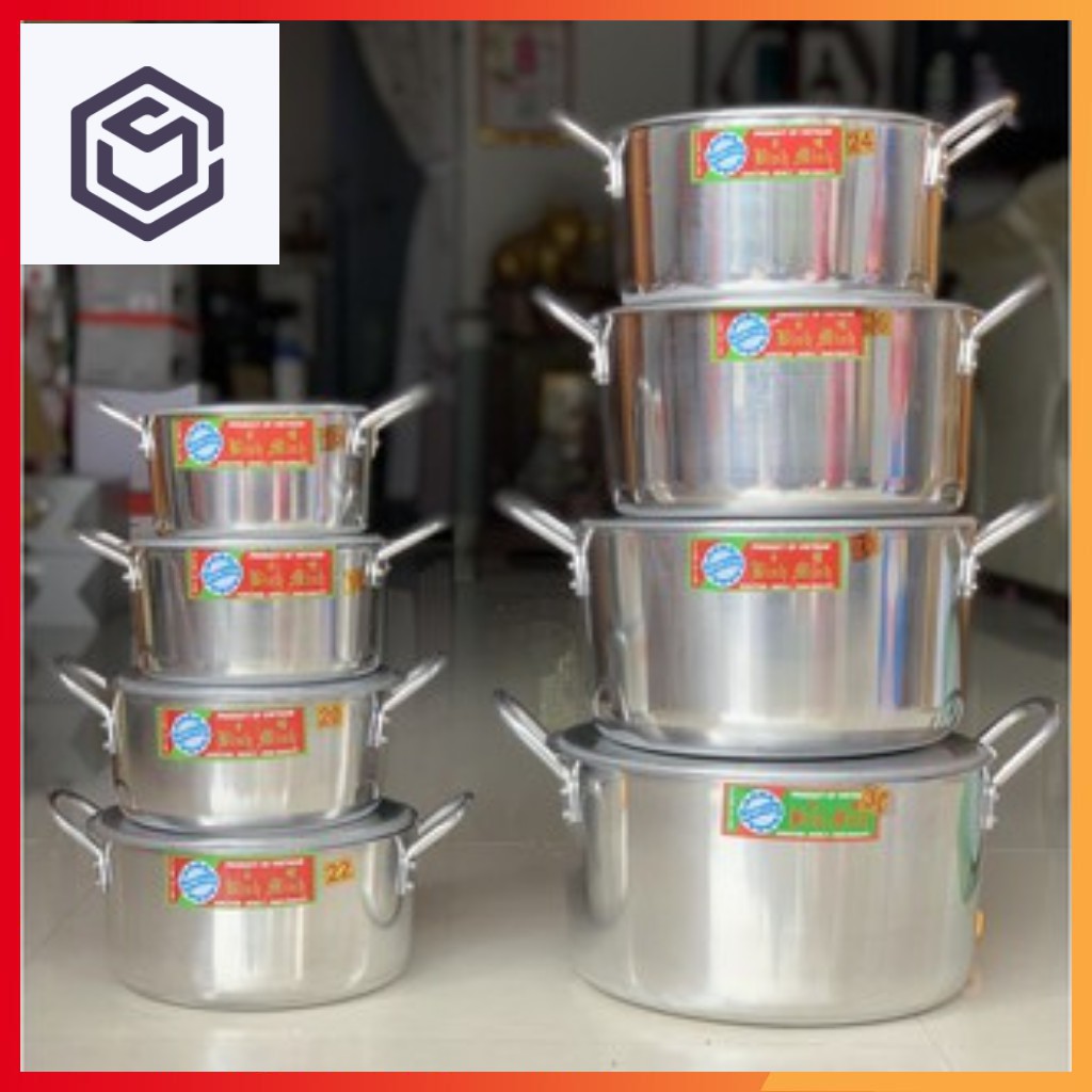 Nồi nhôm to Bình Minh kích cỡ 16-36cm, nồi làm thủ công, hàng Việt Nam chính hãng, bền nhẹ