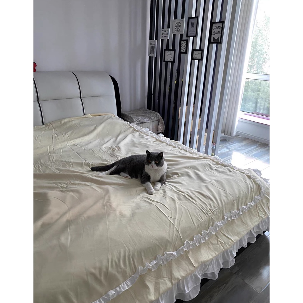 Bộ chăn ga gối cotton hoạt tính bánh bèo 2 tầng, Chất cotton hoạt tính mềm mại thoáng mát, không bai không xù vải