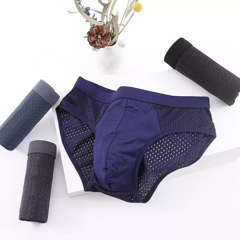 Hộp 4 Quần lót nam Tam giác thông hơi Men303, Quần sịp nam Tam Giác cao cấp chất Lưới đẹp cạp to co dãn 4 chiều 45-77kg