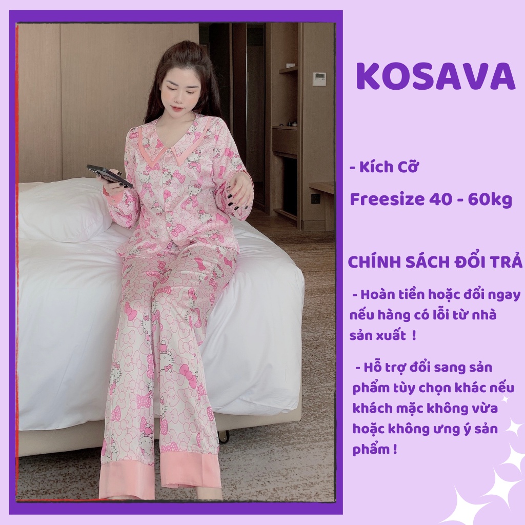 Đồ ngủ nữ mặc nhà dài tay bộ pijama lụa dễ thương KOSAVA