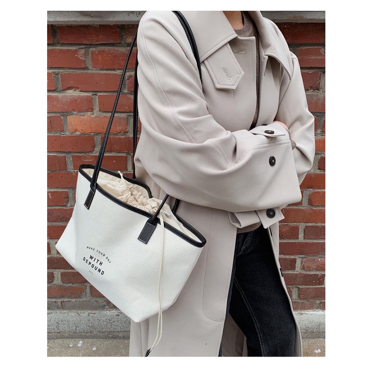 Túi Dây Rút Vải canvas In Chữ Phong Cách Hàn Quốc Thời Trang Mùa Hè Mới 2021 Cho Nữ
