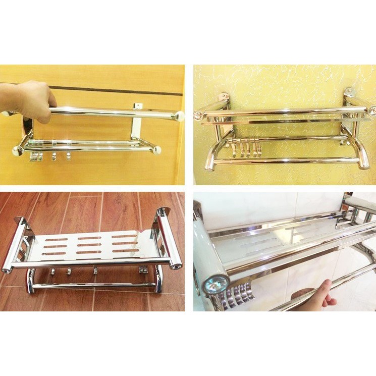 Kệ Nhà Tắm 2 Tầng Đựng Đồ Đa Năng, Giá Treo Khăn Nhà Tắm INOX SUS304 Lắp Đặt Dính Tường