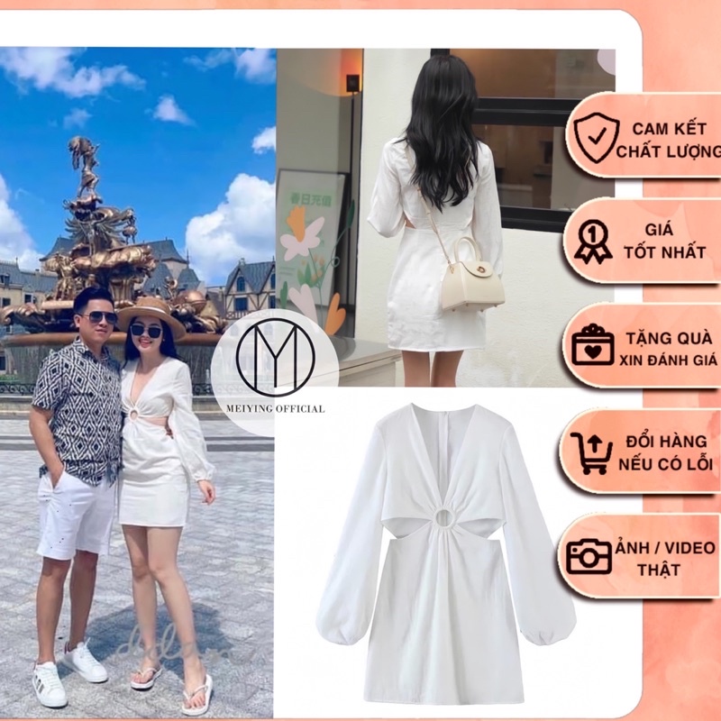 Váy trắng cổ V cut out eo. Đầm dài tay chữ A.