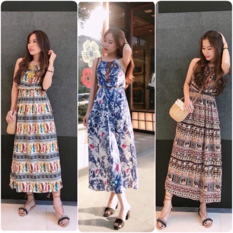 [chọn màu]Đầm maxi lanh lụa yếm cách điệu dây da xinh xắn (47-60ky)