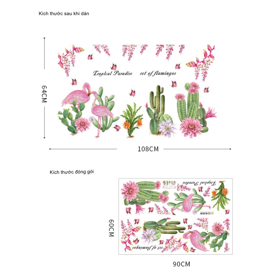 Decal dán tường trang trí - HỒNG HẠC HOA XƯƠNG RỒNG SẮC NÉT