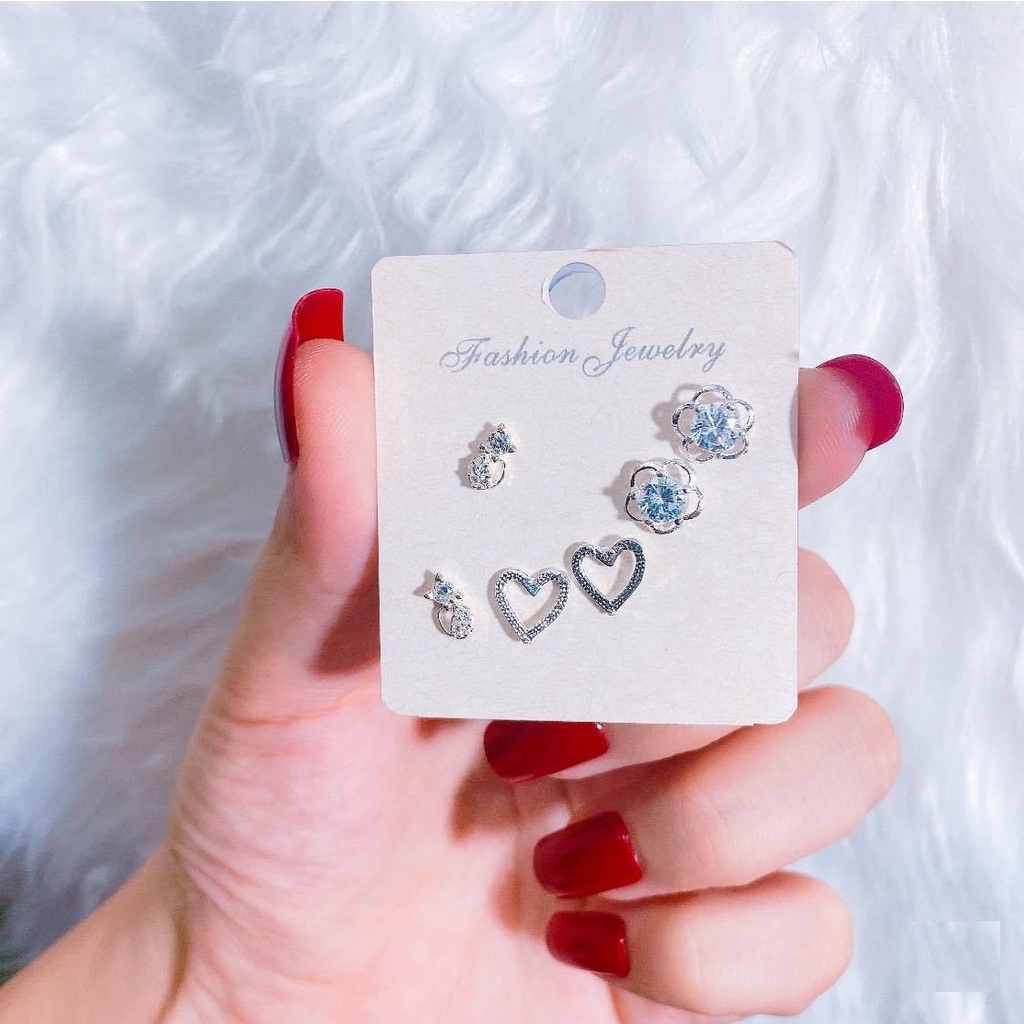 Combo 3 đôi khuyên tai bạc ta nhiều hình xinh xắn nữ tính - Trang sức bạc Evasilver