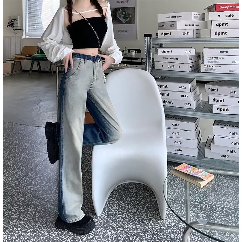 【ZHELIHANGFEI】Quần Jean Ống Rộng Lưng Cao Màu Gradient Theo Phong Cách Retro Dễ Phối Đồ