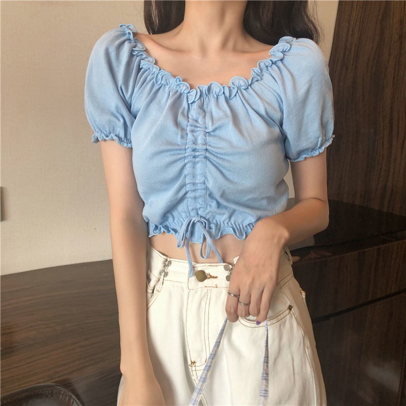 Drawstring design T-shirt women's summer 2021 new style puff sleeve white short cropped knitted short-sleeved top