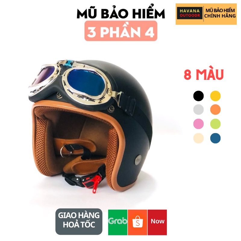 Mũ  Bảo Hiểm 3/4 Lót Đệm Nâu Cao Cấp Havana Store Kèm Kính Phi Công | Mũ Nhựa ABS Độ Bền Cao BH 12 Tháng