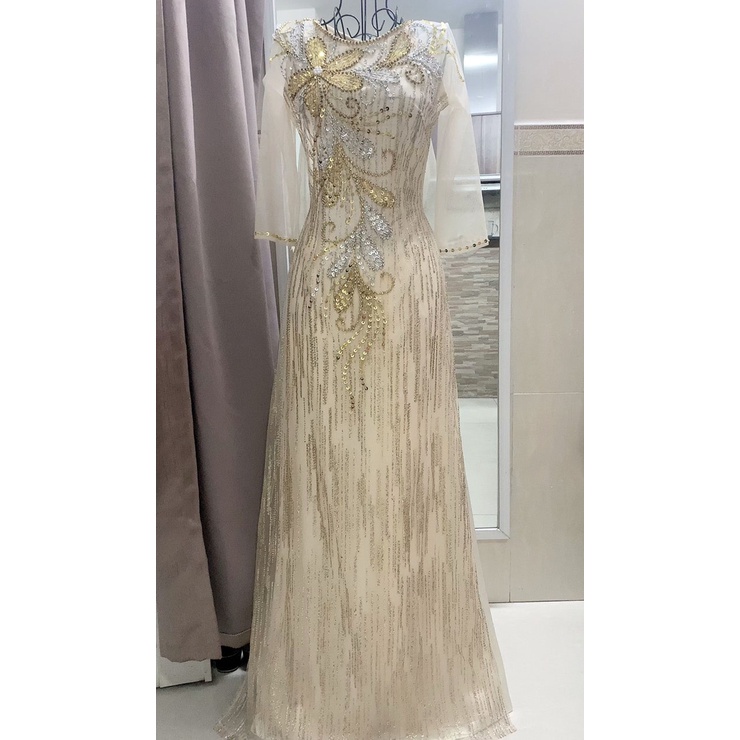 ÁO DÀI DỰ TIỆC KIM TUYẾN 4 TÀ MÀU KEM-ẢNH THẬT 100%