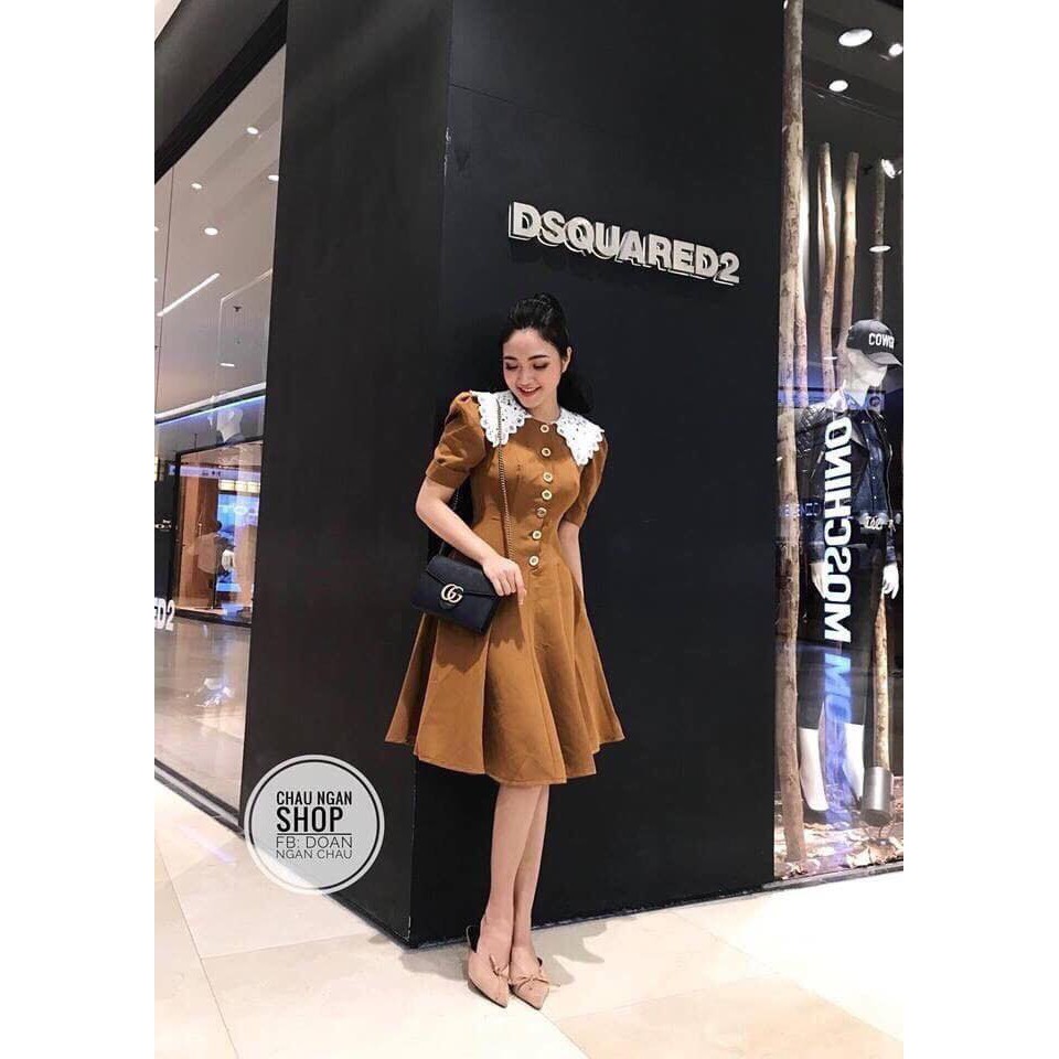 Đầm xòe li eo nút phối cổ ren