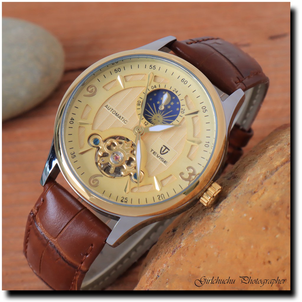 Đồng hồ cơ nam dây da cao cấp Tevise T820B-3 full box, mặt kính sapphire chống xước, chống nước, bảo hành 03 năm