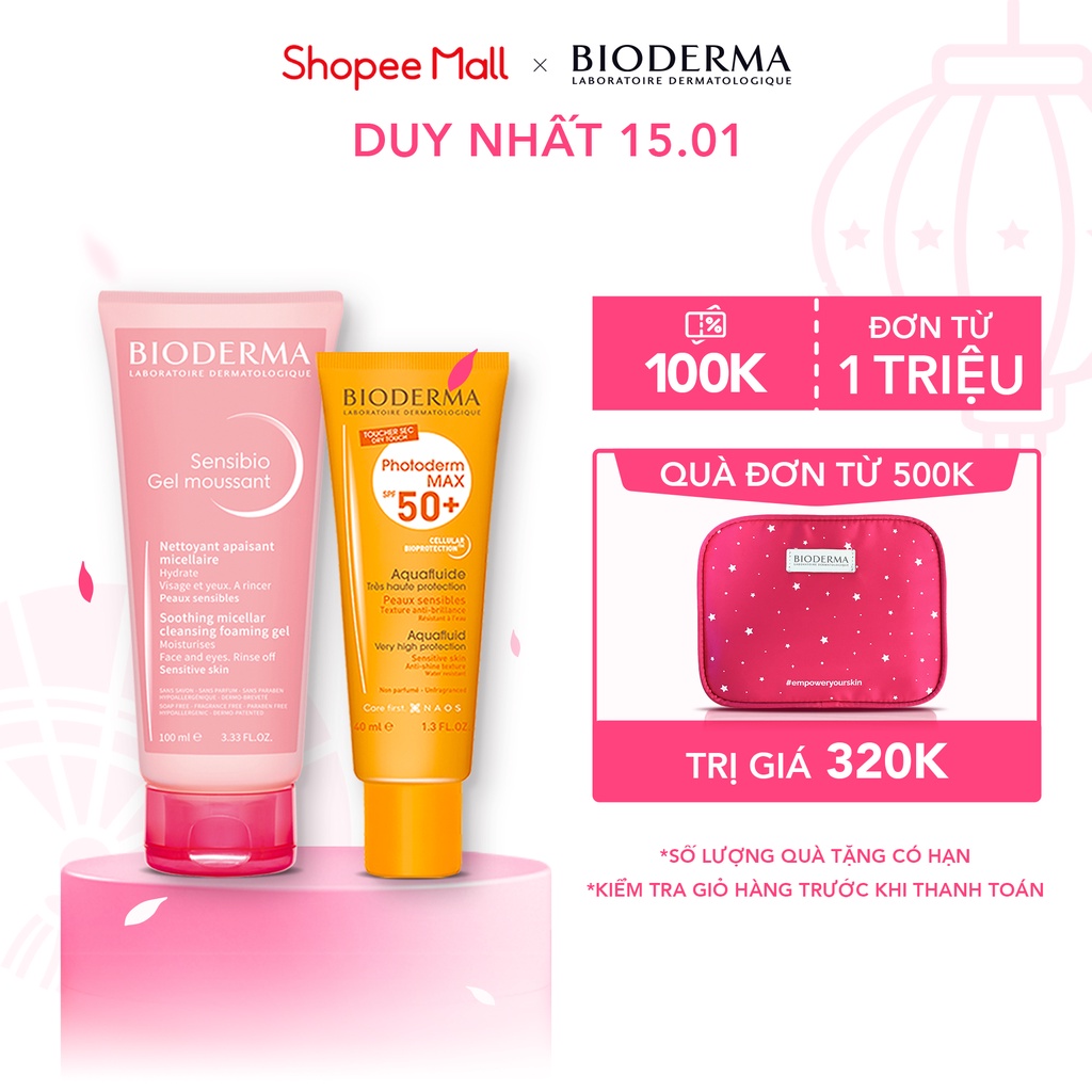 Bộ đôi gel rửa mặt và kem chống nắng cho da nhạy cảm Bioderma Sensibio gel moussant 100ml và Photoderm Aquafluide 40ml