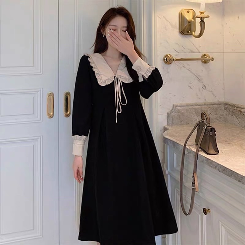 Váy Đen Cổ Nơ Bèo Tiểu Thư, Đầm Thiết Kế Dáng Xoè Siêu Xinh