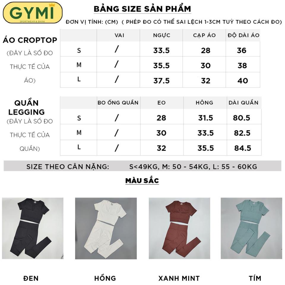 Set bộ đồ tập gym yoga nữ GYMI SET15 gồm áo croptop ngắn tay và quần legging dài thể thao chất dệt thun gân cao cấp ⚠️ *