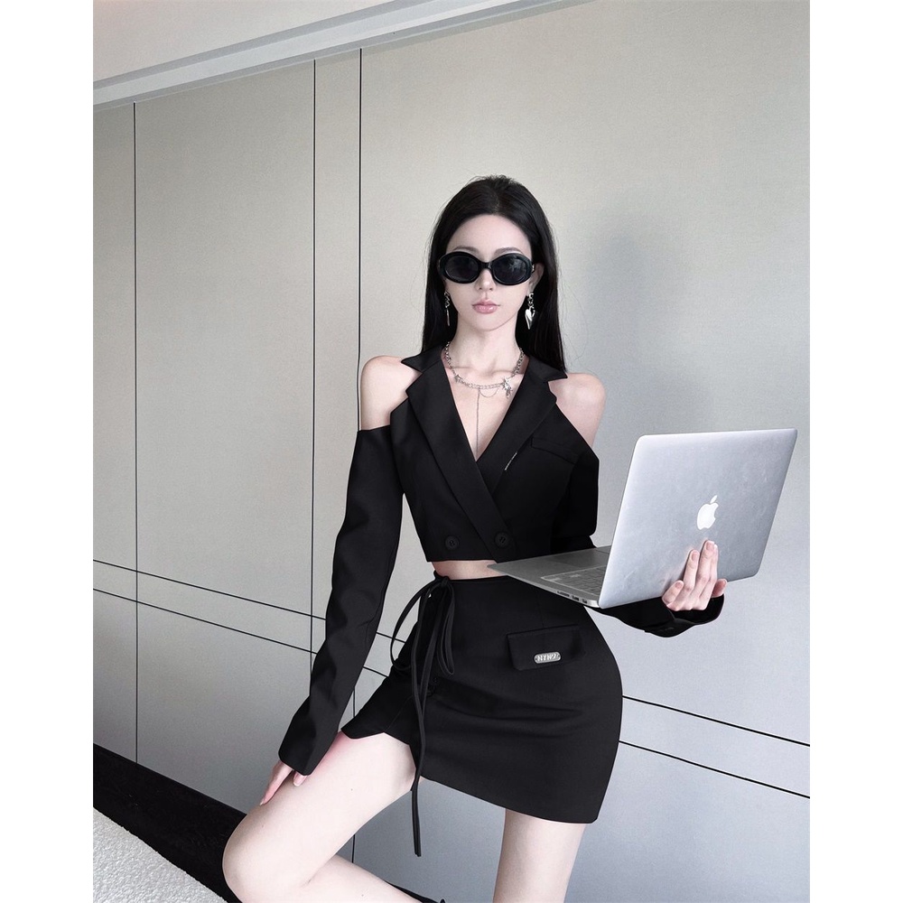 Set Áo Váy + Áo Khoác Cardigan Trễ Vai Tay Dài Thời Trang Cho Nữ