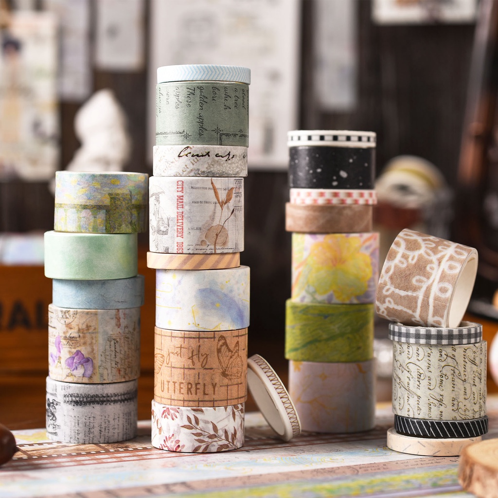 Hộp 20 Cuộn Băng Keo Washi Phong Cách Cổ Điển Dùng Trang Trí Sổ Tay DIY