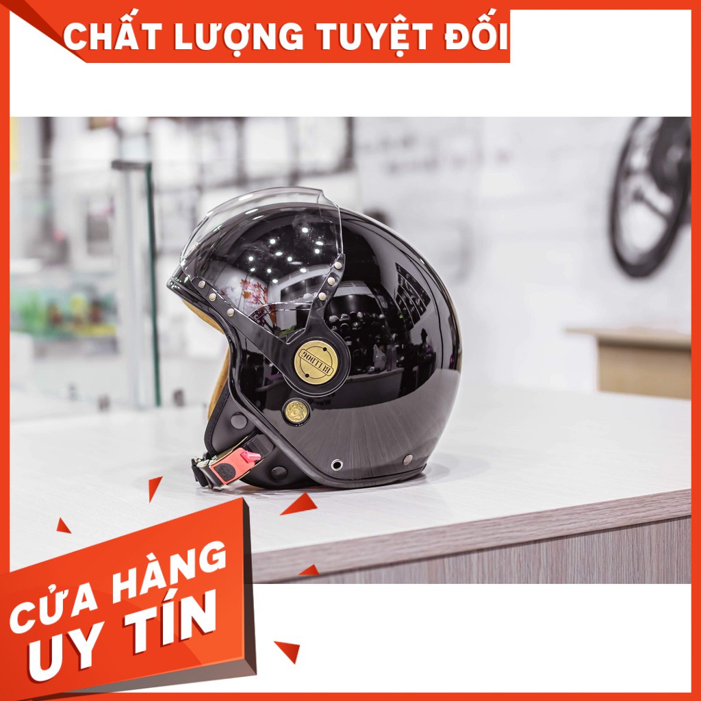 Thanh Lý[TẶNG KÈM KHÓA ĐA NĂNG] MŨ BẢO HIỂM 3/4 BULLDOG POM ĐEN BÓNG