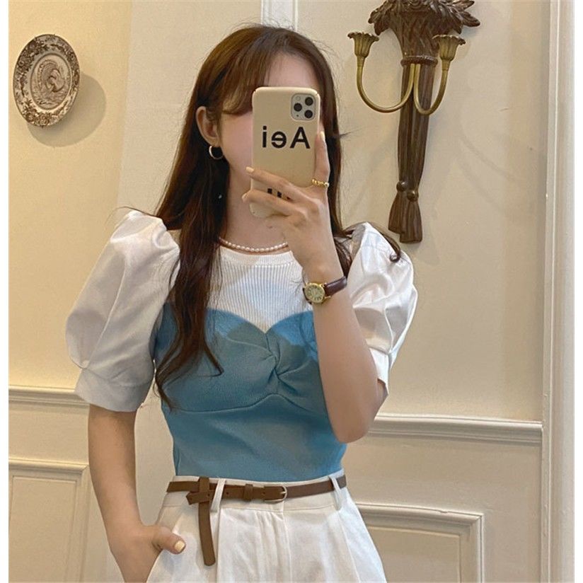 AMOI Áo Dệt Kim Mỏng Tay Phồng Ngắn Màu Sắc Tương Phản Kiểu Pháp Xinh Xắn Cho Nữ