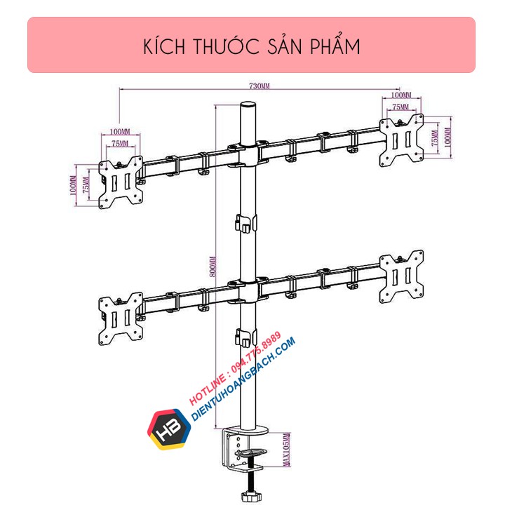 Giá Treo Bốn Màn Hình Máy Tính M054 17 - 27 Inch Kẹp Thành Bàn - Tay Đỡ 4 Màn Hình Gắn Bàn Xoay 360 Độ