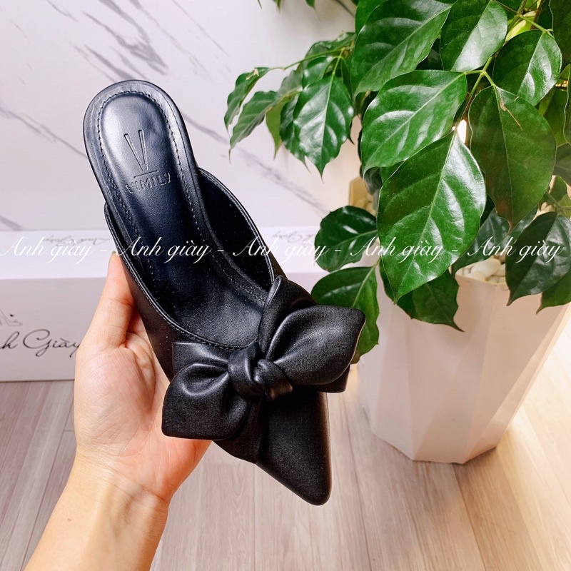 DL56 - Sục nữ mũi  nhọn da lì nơ gót vuông 4p VNXK cực xinh phù hợp đi học đi làm đi chơi du lịch