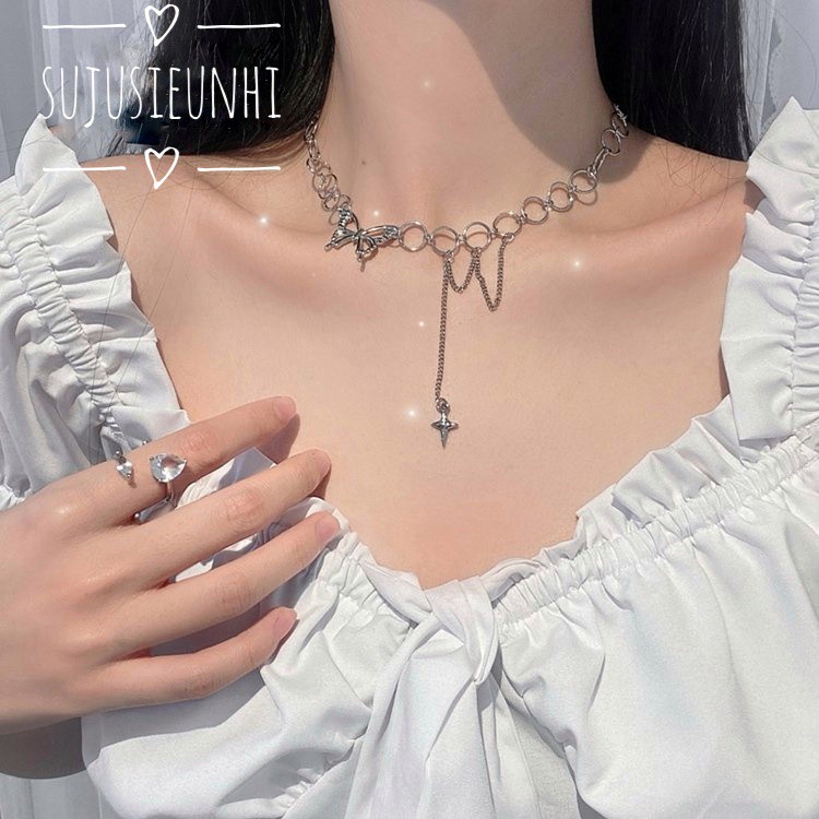 (2 mẫu)vòng cổ choker mặt tròn gắn bướm,chữ thập kèm chain