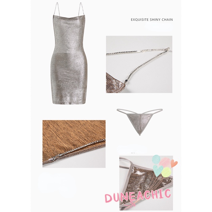 DUNEA Đầm Body Dây Xích Kim Loại Thiết Kế Cổ Chữ V Khoét Sâu Quyến Rũ