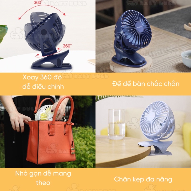 Quạt tích điện Yoobao 6400MAH, kẹp sạc mini cầm tay 4 cấp độ gió