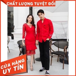 Váy sơmi đôi nam nữ đỏ lai ren sang trọng Giá rẻ