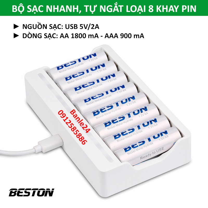 Combo pin sạc nhanh, tự ngắt loại 8 khay AA/AAA hãng Beston, dành cho mic karaoke, máy ảnh, đồ chơi