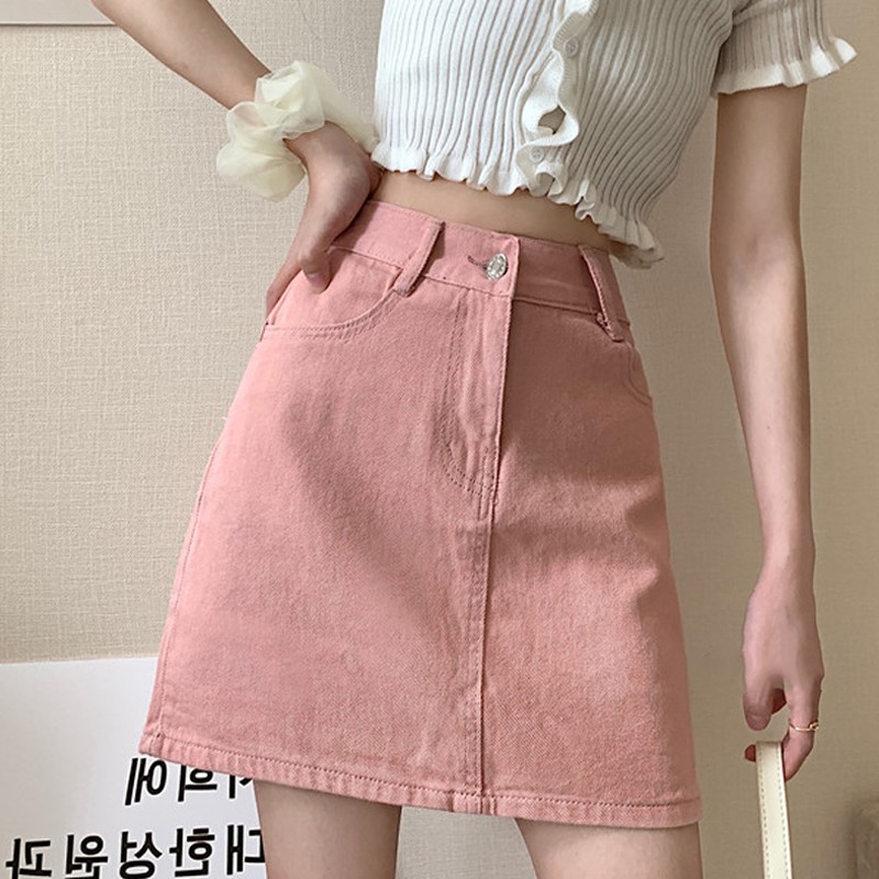 chân váy jean Lưng Cao Dáng Chữ A Màu Hồng Thời Trang Mùa Hè Mới Cho Nữ 2021