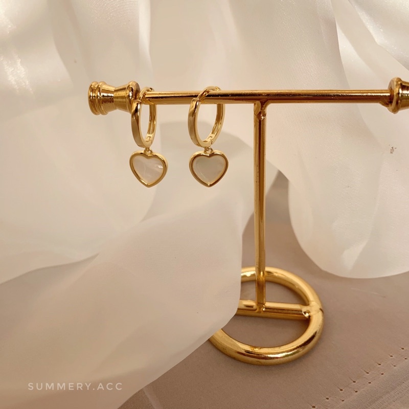 Khuyên tai bạc 925 SUMMERY tròn hoop trái tim nạm xà cừ bông tai S925