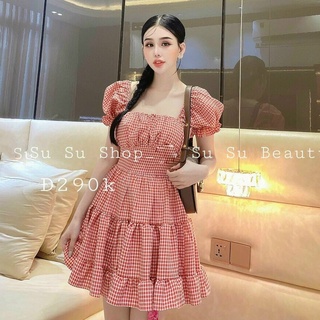 Đầm váy caro đầm xòe tay ngắn phồng cực xinh xắn