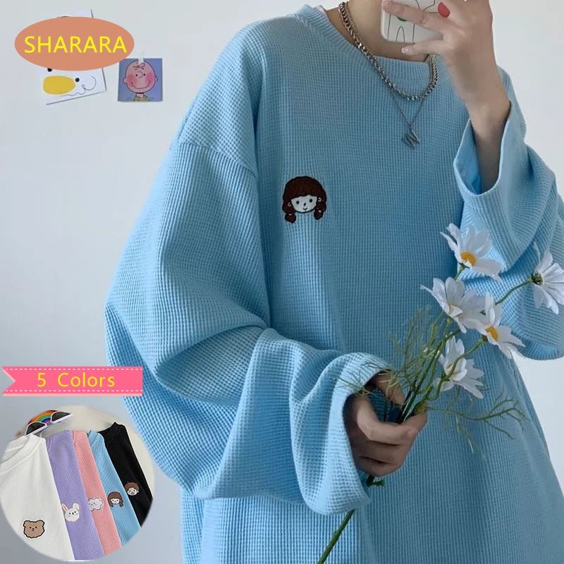 Áo thun tay dài cổ tròn thêu họa tiết hoạt hình phong cách Hàn Quốc cho nữ