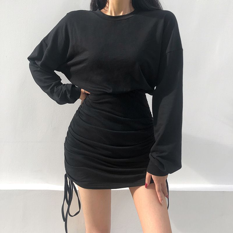 Đầm Dài Tay Dây Rút Hai Bên Hông