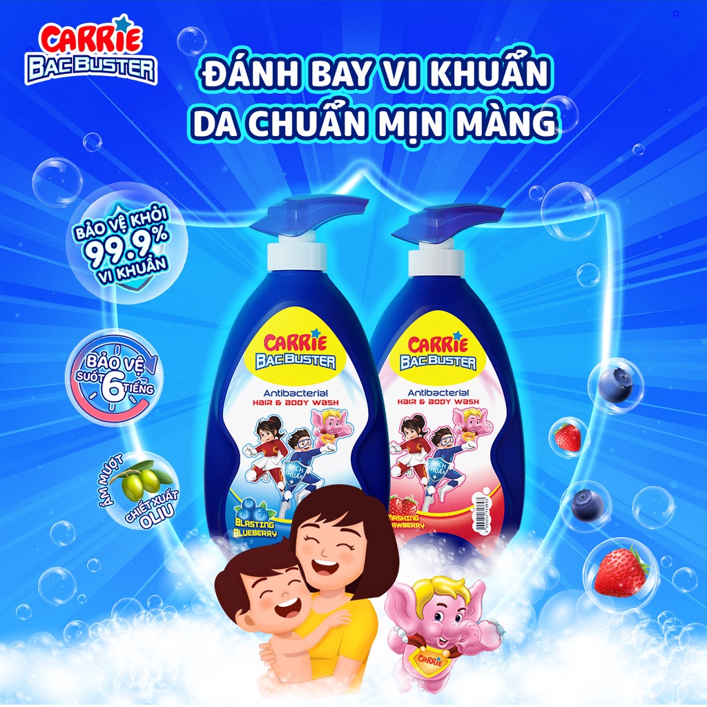 Combo 2 Sữa Tắm Gội cho bé Carrie Junior Hương Cherry+Bacbuster Hương Strawberry(700/chai)