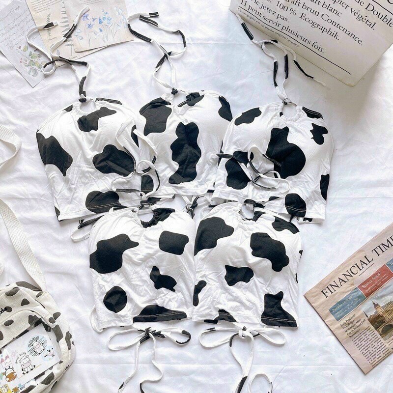 Áo ống kiểu khoét ngực cổ yếm họa tiết bò sữa khoen xinh