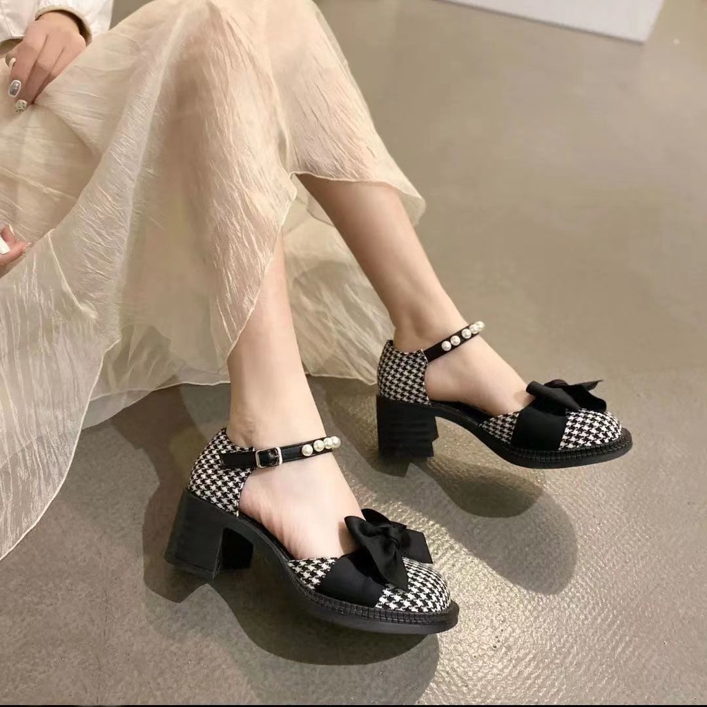 2022 Giày Mary Jane Gót Dày Đính Nơ Ngọc Trai Chống Trượt Thoải Mái Dễ Phối Đồ Giày cao gót