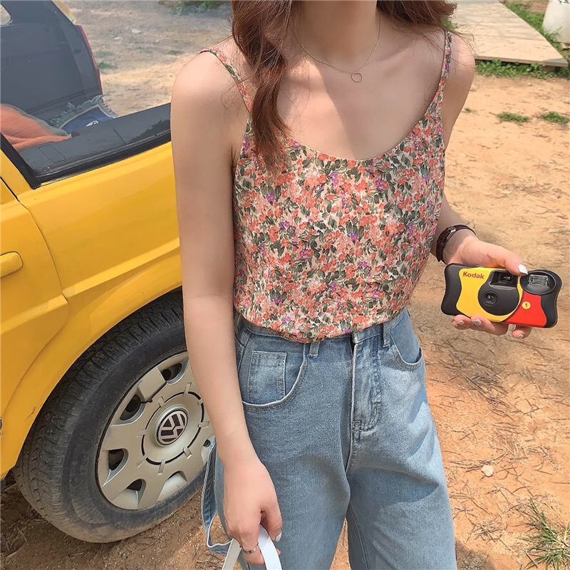 ÁO HAI DÂY HOA NHÍ VINTAGE NỮ - THUN PHÔNG 2S CỔ V THÔ ĐŨI dáng ngắn hở vai ulzzang mặc đi biển