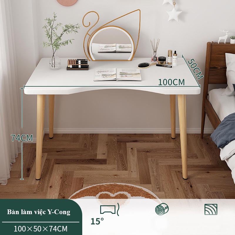 Bàn làm việc gỗ HOLI BLV08 mặt bàn cong dày 15ly chống gù, chân gỗ to cao, decor.