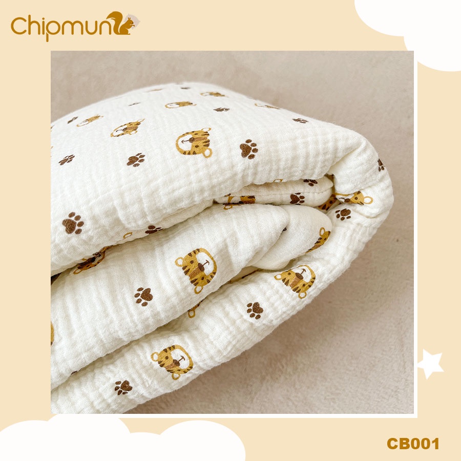 Chăn bông xô muslin, lõi bông thông minh thiết kế liền vỏ CHIPMUNK cho bé 0-5 tuổi, Độ dày 2cm