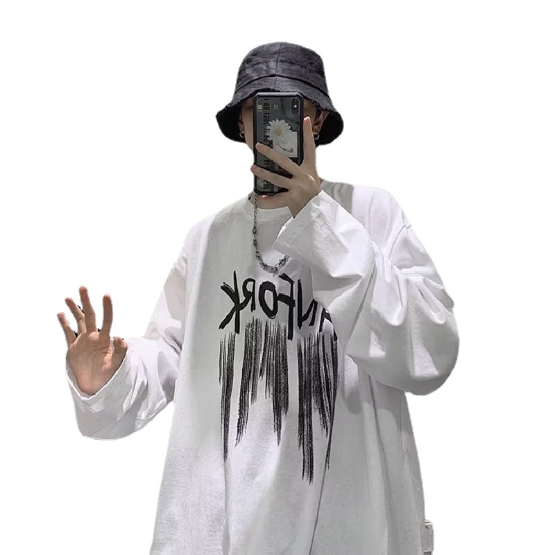 Áo Thun Tay Dài Cổ Tròn Dáng Rộng In Chữ Hoạt Hình Phong Cách Hồng Kông Thời Trang Cho Nam Và Nữ Size M-5XL