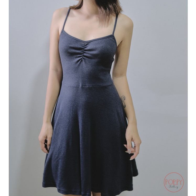 Đầm 2 dây thun gân dáng xoè phối nhún ngực