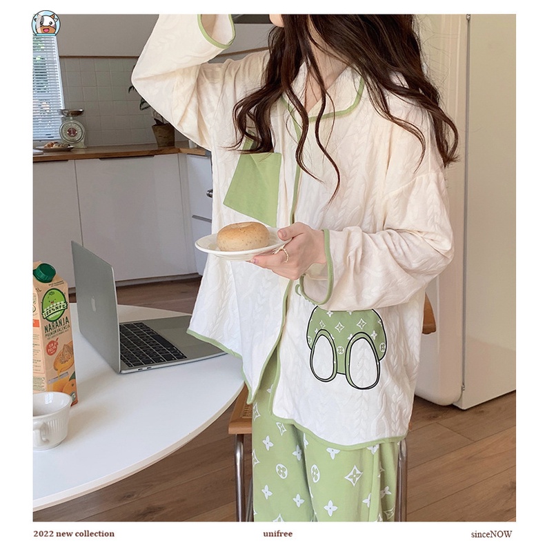 Bộ Đồ Ngủ Tay Dài Chất Liệu Cotton In Họa Tiết Màu Xanh Lá Thời Trang Mùa Thu Xinh Xắn Cho Nữ